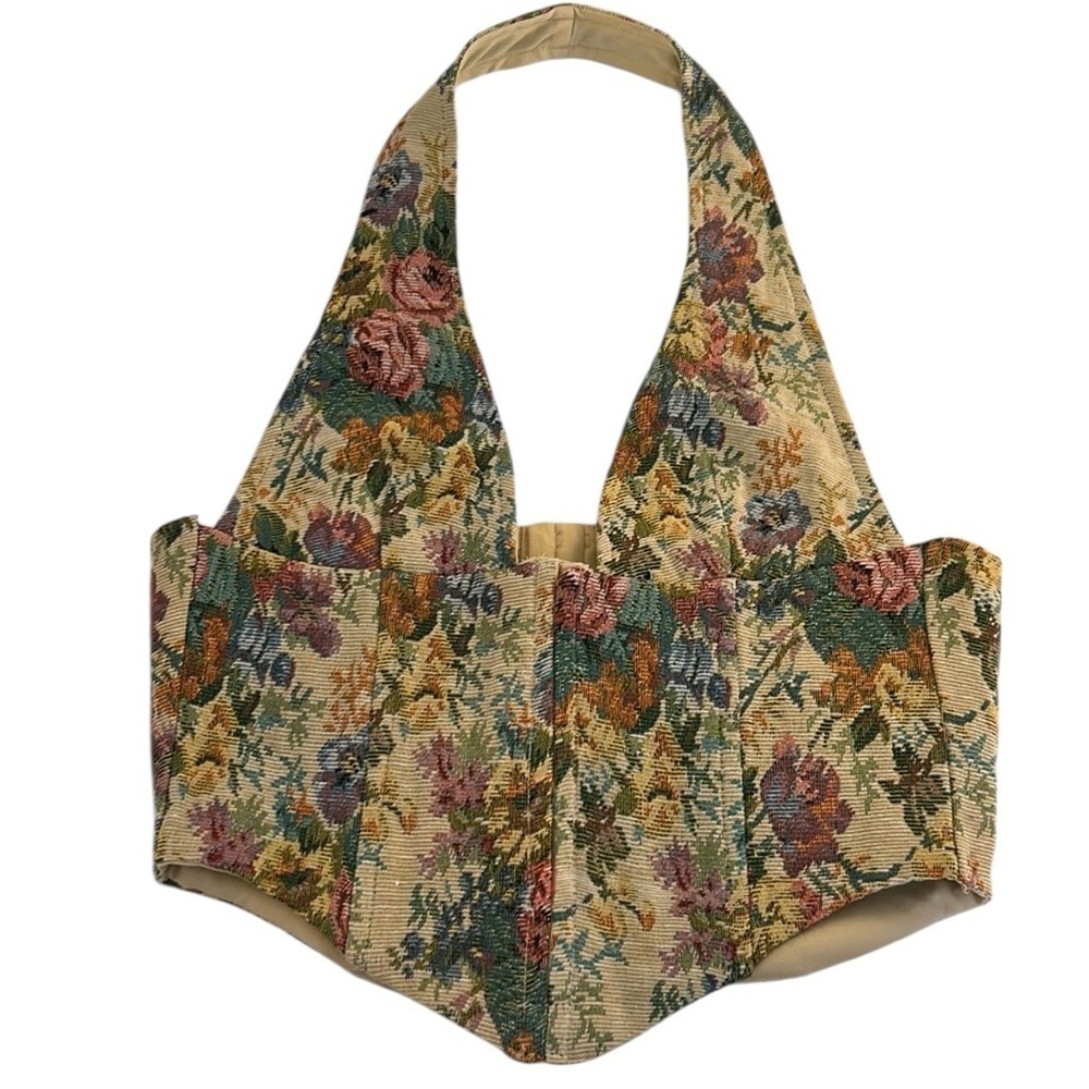 Tic Toc Floral Tapestry Boho Halter Crop Sleeveless 90's Y2K Top Size Small New!